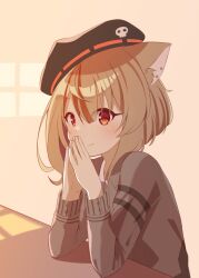 Rule 34 | 1girl, alternate costume, animal ear fluff, animal ears, beret, black hat, blonde hair, brown streaks, chaakusu, closed mouth, commentary, dim lighting, ear piercing, elbow rest, fennery (show by rock!!), fox ears, fox girl, grey sweater, hair between eyes, hat, highres, indoors, long sleeves, multicolored hair, piercing, red eyes, short hair, show by rock!!, sidelighting, sidelocks, sitting, skull ornament, smile, solo, steepled fingers, streaked hair, sweater, table, upper body, window shadow