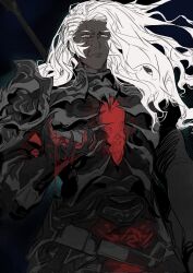 1boy armor black_armor blood blood_on_armor blood_on_face clawed_gauntlets cowboy_shot dark_knight_(final_fantasy) final_fantasy final_fantasy_xiv hand_up highres hyur long_hair mature_male original shoulder_armor sword sword_on_back toastskii warrior_of_light_(ff14) weapon weapon_on_back white_eyes white_hair