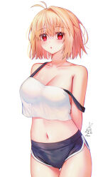 1girl :o ahoge arcueid_brunestud arms_behind_back aro_1801 bare_shoulders blonde_hair blue_shorts blush breasts casual cleavage collarbone cowboy_shot crop_top highres large_breasts looking_at_viewer red_eyes see-through_clothes short_hair shorts sleeveless standing tank_top thighs tsukihime tsukihime_(remake) white_background white_tank_top