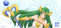 Rule 34 | 1girl, breasts, chain, circlet, cleavage, gold chain, gottsu, green eyes, green hair, halo, halo behind head, highres, holding, holding staff, kid icarus, kid icarus uprising, nintendo, palutena, solo, staff, upper body, vambraces