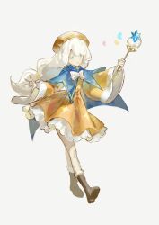 1girl boots bow bowtie cape collared_cape cookie_run cookie_run:_kingdom f4d1a6 food-themed_hat full_body fur-trimmed_boots fur_trim hat highres holding holding_wand long_hair long_sleeves looking_at_viewer low-tied_long_hair open_mouth simple_background skirt smile solo wand white_background white_bow white_bowtie white_hair