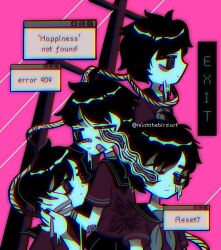 Rule 34 | @ @, bags under eyes, bandaid, bandaid on cheek, bandaid on face, bandaid on nose, chromatic aberration, commentary, english commentary, english text, frown, highres, limited palette, mimpish, miniskirt, original, pink background, pleated skirt, school uniform, serafuku, short hair, skirt, window (computing)