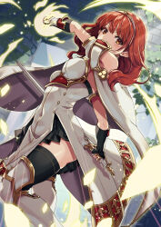 1girl absurdres armor armored_boots attack black_skirt black_thighhighs boots breastplate cape celica_(fire_emblem) fingerless_gloves fire_emblem fire_emblem_echoes:_shadows_of_valentia gloves highres holding holding_sword holding_weapon incoming_attack long_hair magic nintendo princess ral_(ralf) red_eyes red_hair skirt sword thighhighs tiara weapon
