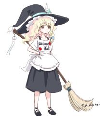 1girl alternate_costume apron artist_name black_hat black_skirt blonde_hair bow braid broom closed_mouth clothes_writing commentary_request english_text hair_bow hat holding holding_broom kirisame_marisa s-a-murai shoes short_sleeves side_braid simple_background single_braid skirt solo touhou waist_apron white_apron white_background witch_hat yellow_eyes