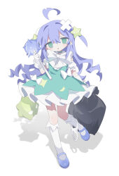 1girl @_@ ahoge bag blue_hair blue_shoes bow bowtie commentary daizu_(melon-lemon) detached_ahoge dress full_body gloves green_dress green_eyes hair_between_eyes hair_ornament highres holding holding_bag holding_weapon kneehighs long_hair looking_at_viewer mary_janes original panties panties_around_leg shadow shoes short_dress socks solo spike_ball standing star_(symbol) star_hair_ornament sweat symbol-only_commentary trash_bag two_side_up underwear weapon white_background white_bow white_bowtie white_gloves white_socks