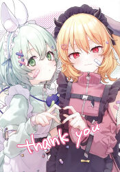 2girls absurdres alternate_costume angel_wings apron back_bow bandaid bandaid_on_face bandaid_on_leg bandaid_on_shoulder bat_wings black_apron black_bow blonde_hair bow closed_mouth clothing_cutout demon_horns dress enmaided flandre_scarlet four-finger_heart_hands green_dress green_eyes green_nails hair_between_eyes hair_ornament hairband heart heart_hair_ornament heart_hands heart_hands_duo highres hiwokawa horns jersey_maid komeiji_koishi long_hair long_sleeves looking_at_viewer maid maid_headdress multiple_girls pink_dress pink_nails scan short_hair shoulder_cutout star_(symbol) star_hair_ornament thank_you third-party_source third_eye touhou unconventional_maid upper_body white_apron white_background white_bow white_hairband wings zipper