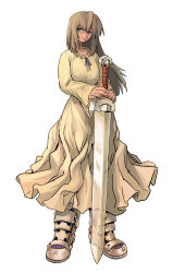 1girl blonde_hair boots breasts collarbone dress fingernails green_eyes hair_between_eyes highres holding holding_sword holding_weapon large_hands lightor long_hair looking_at_viewer original reflection ribbon sidelocks simple_background skindentation smile sword tilted_head weapon white_background