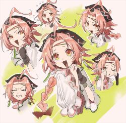 1girl :d ;o ahoge arknights black_hat braid clenched_teeth closed_eyes commentary crying fang fingerless_gloves flying_sweatdrops gloves hat long_hair looking_at_viewer migita multiple_views nervous_smile nervous_sweating one_eye_closed open_mouth own_hands_clasped own_hands_together pink_eyes pink_hair pointy_ears rose_salt_(arknights) shirt sidelocks simple_background single_fingerless_glove smile sweat sweatdrop teeth white_shirt
