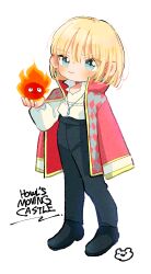 1boy black_pants blonde_hair blue_eyes calcifer closed_mouth copyright_name earrings fire full_body highres howl_no_ugoku_shiro howl_pendragon jacket jacket_on_shoulders jewelry long_sleeves looking_at_viewer male_focus necklace odetooo pants poet_shirt puffy_short_sleeves puffy_sleeves short_hair short_sleeves simple_background solo white_background
