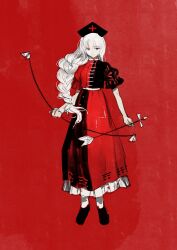 Rule 34 | absurdres, arrow (projectile), arrow (symbol), black hat, bow (weapon), braid, braided ponytail, cerevevisiae, cross, dress, hat, highres, holding, holding arrow, holding bow (weapon), holding weapon, long hair, multicolored dress, puffy short sleeves, puffy sleeves, red cross, short sleeves, touhou, two-tone dress, two-tone shirt, two-tone skirt, very long hair, weapon, white hair, yagokoro eirin