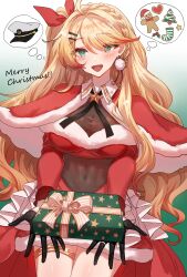 1girl ahoge azur_lane bell black_gloves black_ribbon blonde_hair blue_eyes blush bodystocking bow braid breasts capelet christmas christmas_present christmas_stocking christmas_tree cookie covered_navel crown_braid dress earrings english_text food fur-trimmed_capelet fur-trimmed_dress fur-trimmed_skirt fur_trim gift gift_wrapping gingerbread_man gloves hair_bow hat heart heart-shaped_cookie heart-shaped_food highres holding holding_gift howe_(azur_lane) jewelry jingle_bell large_breasts long_hair long_sleeves merry_christmas mistletoe neck_ribbon nya_kirin open_mouth outstretched_arms peaked_cap pom_pom_(clothes) red_bow red_capelet red_dress red_skirt ribbon santa_costume santa_hat single_earring skirt smile solo speech_bubble star-shaped_cookie star-shaped_food star_(symbol) striped_bow thighhighs thought_bubble translation_request upper_body very_long_hair white_bow yellow_bow