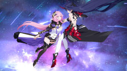 2girls absurdres armor backless_dress backless_outfit bare_shoulders black_bow black_dress black_footwear black_gloves black_shorts black_shrug black_skirt blue_eyes boots bow breasts chinese_commentary cleavage commentary_request dress elysia_(honkai_impact) elysia_(miss_pink_elf)_(honkai_impact) gloves hair_bow hair_intakes hair_ornament high_heel_boots high_heels highres honkai_(series) honkai_impact_3rd horns large_breasts long_hair long_horns looking_at_another low-tied_long_hair multiple_girls pauldrons pink_pupils pointy_ears purple_eyes purple_hair raiden_mei raiden_mei_(herrscher_of_thunder) red_horns red_pupils shirt short_shorts shorts shoulder_armor shrug_(clothing) sidelocks single_pauldron skirt smile space thigh_boots thigh_strap thighhighs very_long_hair white_shirt white_thighhighs wu_ganlan_cai