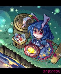 1girl animal_ears blood bloody_weapon blue_dress blue_hair crying crying_with_eyes_open cup dango dress earclip female_focus fireflies food full_moon kine mallet moon pote_(ptkan) puffy_short_sleeves puffy_sleeves rabbit_ears rabbit_tail red_eyes reflection river sakazuki seiran_(touhou) short_sleeves sitting solo tail tears touhou tsukimi wagashi wavy_mouth weapon