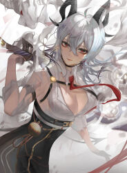 Rule 34 | 1girl, absurdres, arm strap, black choker, black gloves, black horns, black pants, breasts, chest harness, choker, closed mouth, commentary request, curled horns, earrings, gloves, grey hair, hair between eyes, hair ornament, harness, high-waist pants, highres, horns, jewelry, key earrings, large breasts, long hair, looking at viewer, mole, mole under eye, necktie, pants, partial commentary, pomi (poan dan), red eyes, red necktie, shirt, shirt tucked in, solo, torn clothes, torn shirt, white shirt, wuthering waves, zani (wuthering waves)