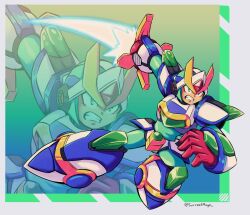 Rule 34 | 1boy, arm blade, arm cannon, armor, blade armor x (mega man), blue headwear, clenched teeth, commentary, energy blade, english commentary, forehead jewel, full body, green eyes, green headwear, helmet, highres, mega man (series), mega man x (series), surrealmason, teeth, twitter username, weapon, white armor, white headwear, x (mega man), zoom layer