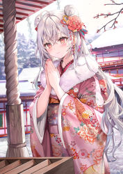1girl absurdres ahoge blush closed_mouth crossed_bangs day double_bun floral_print floral_print_kimono flower hair_between_eyes hair_bun hair_flower hair_ornament highres hiyori_(momoko) japanese_clothes kimono long_hair long_sleeves momoko_(momopoco) original outdoors pink_kimono praying print_kimono red_eyes red_flower sidelocks smile snow solo standing white_hair wide_sleeves