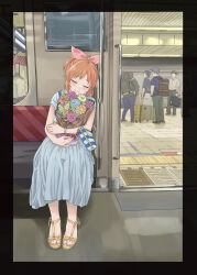 1girl abe_nana bag black_border blue_dress blush border bouquet bow bracelet buckle cellphone closed_eyes dress fingernails flower gengoro hair_bow happy high_ponytail highres holding holding_bag holding_bouquet holding_suitcase idolmaster idolmaster_cinderella_girls jewelry leaning_to_the_side light_blush long_hair orange_hair phone pink_bow pink_nails pink_ribbon ponytail ribbon rolling_suitcase sandals sign silver_bracelet sitting smartphone smile solo_focus subway subway_station suitcase tactile_paving tile_floor tiles toenails train_interior transparent_border window yellow_sandals