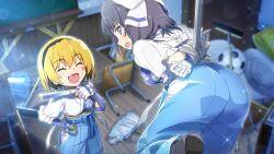 2girls artist_request ball black_hairband blonde_hair blue_eyes blue_hakama blurry blurry_background bound bound_wrists chair chalkboard closed_eyes crossover emblem fang game_cg gloves grey_hair hair_ribbon hairband hakama hakama_pants hand_fan hanging highres higurashi_no_naku_koro_ni higurashi_no_naku_koro_ni_mei holding holding_fan houjou_satoko indoors japanese_clothes kimono laughing looking_back medium_hair moonlight multiple_girls night non-web_source official_art open_mouth pants ribbon smile soccer_ball tied_up_(nonsexual) white_gloves white_kimono white_ribbon yumi_(senran_kagura)