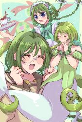 1girl blue_eyes blueskytake bow braid cafe_mew_mew_uniform choker closed_eyes commentary_request detached_sleeves glasses green_choker green_hair highres leotard long_hair low_twin_braids magical_girl mermaid mew_lettuce midorikawa_lettuce monster_girl multiple_views puffy_detached_sleeves puffy_sleeves school_uniform smile tokyo_mew_mew twin_braids