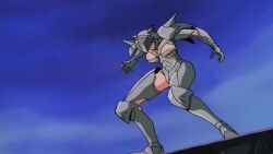 1boy 1girl action animated armor ass attack biker_clothes bikesuit black_hair bodysuit breasts close-up cutie_honey cutie_honey_(character) flying helmet henshin highres kicking legs motor_vehicle motorcycle navel nipples nude purple_hair shin_cutie_honey short_hair smile smirk sparkle_background tagme transformation undressing video
