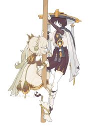 1boy 1girl 6seox_gb anklet arm_up armlet belt black_belt black_bodysuit black_bow black_bridal_gauntlets black_hair black_leggings black_sandals black_sleeves blue_cape blue_gemstone blue_hat blue_kimono blue_sash blue_sleeves blunt_ends bodysuit bow braid bridal_gauntlets cape climbing closed_eyes closed_mouth colored_skin crown_braid detached_sleeves dress eyeliner eyeshadow facing_another feathers gem genshin_impact gold gold_trim gradient_hair green_cape green_hair hair_ornament hakama hakama_shorts han&#039;eri hand_up hat holding holding_pole japanese_clothes jewelry jingasa kimono layered_kimono layered_sleeves leaf leaf_hair_ornament leg_warmers leggings long_hair makeup multicolored_hair muted_color nahida_(genshin_impact) open_clothes open_hand open_kimono pleated_shorts pointy_ears pole pole_dancing pom_pom_(clothes) red_eyeliner red_eyeshadow sandals sash scaramouche_(genshin_impact) short_sleeves shorts shoulder_peek side_ponytail sidelocks socks stirrup_footwear streaked_hair tassel toeless_legwear twitter_username vision_(genshin_impact) wanderer_(genshin_impact) white_background white_dress white_hair white_kimono white_leg_warmers white_skin white_sleeves white_socks yellow_feathers zouri