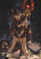 Rule 34 | 1girl, absurdres, black hat, black shorts, brown hair, brown jacket, flower-shaped pupils, genshin impact, hat, highres, holding, holding polearm, holding weapon, hu tao (genshin impact), jacket, long hair, polearm, red eyes, saturn (saturn illus), shorts, solo, staff of homa (genshin impact), symbol-shaped pupils, twintails, weapon