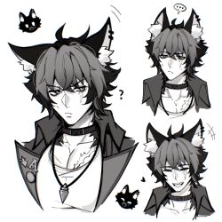 1boy animal_ears black_choker choker collarbone confused dog_boy ear_piercing geraly0216 highres jacket jewelry komano_manato laughing male_focus monochrome multicolored_hair multiple_scars necklace piercing scar scar_across_eye scar_on_face shirt short_hair sweatdrop white_shirt zenless_zone_zero