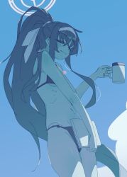 Rule 34 | 1girl, absurdres, bikini, black bikini, black hair, blue archive, blue sky, breasts, closed eyes, coffee mug, cup, from below, hair between eyes, hairband, halo, highres, jewelry, kilabo, light smile, long hair, mug, necklace, sky, small breasts, smile, swimsuit, ui (blue archive), ui (swimsuit) (blue archive)