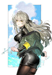 1girl black_dress black_pantyhose black_ribbon breasts cloud commentary_request cowboy_shot day dress from_side girls&#039;_frontline girls&#039;_frontline_2:_exilium green_jacket grey_hair hair_ribbon jacket lainie_(girls&#039;_frontline_2) long_hair looking_at_viewer medium_breasts off_shoulder open_clothes open_jacket pantyhose parted_lips ribbon sky solo starshadowmagician thigh_strap tight_clothes tight_dress ump40_(girls&#039;_frontline) water yellow_eyes
