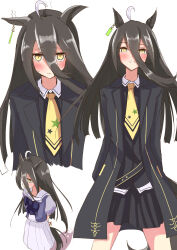 1girl ahoge animal_ears arms_behind_back belt black_belt black_coat black_hair black_shirt black_skirt blush bow bowtie closed_mouth coat collared_shirt ear_tag earrings frown hair_between_eyes head_steam highres horse_ears horse_girl horse_tail jewelry long_bangs long_hair long_hair_between_eyes manhattan_cafe_(umamusume) multicolored_hair multiple_views necktie pleated_skirt puffy_short_sleeves puffy_sleeves purple_bow purple_bowtie purple_shirt sailor_collar school_uniform shirt short_sleeves simple_background single_earring skirt sweatdrop tail tracen_school_uniform umamusume umayonyosi very_long_hair white_background white_hair white_sailor_collar white_skirt yellow_eyes yellow_necktie
