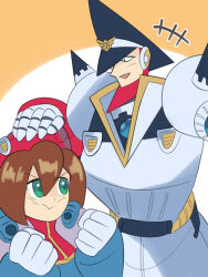 Rule 34 | 1boy, 1girl, armor, beret, black eyes, black hat, brother and sister, brown hair, chest jewel, clenched hands, closed mouth, colonel (mega man), dress, gloves, green eyes, hat, highres, iris (mega man), jewelry, long hair, low-tied long hair, mega man (series), mega man x4, mega man x (series), military, military uniform, multicolored dress, open mouth, peaked cap, pout, red hat, shoulder spikes, siblings, smile, spikes, two-tone background, upper body, user xguj2433, very long hair, white gloves