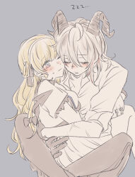 2girls blonde_hair blush closed_eyes closed_mouth commentary_request demon_tail gloves grey_background grey_eyes grey_hair horns hug long_hair multiple_girls one_eye_closed pants parted_lips phoebe_(wuthering_waves) scar scar_on_arm short_sleeves simple_background sleeves_rolled_up sweatdrop tail wuthering_waves xxxxxio55 yuri zani_(wuthering_waves) zzz