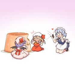 3girls :d ^_^ apron ascot back_bow bilingual_commentary black_boots black_wings blonde_hair blood blue_dress blue_ribbon blue_wings blush boots bow braided_twintails cellphone closed_eyes collared_shirt commentary crystal_wings dress eating english_commentary fang flandre_scarlet food food_on_face full_body gradient_background green_wings grey_hair hand_on_own_face hands_up hat hat_bow heart highres holding holding_food holding_phone holding_spoon honeycomb_(pattern) honeycomb_background izayoi_sakuya kneeling korean_commentary maid maid_apron maid_headdress medium_hair mirae_somang mixed-language_commentary mob_cap multicolored_wings multiple_girls neck_ribbon nosebleed one_side_up open_mouth oversized_food oversized_object phone pink_background pink_dress pudding purple_hair red_bow red_skirt red_vest red_wings remilia_scarlet ribbon shirt short_dress short_sleeves sitting skirt skirt_set smartphone smile socks sparkle spoon touhou vest waist_apron wariza white_apron white_background white_hat white_shirt white_socks wings yellow_ascot yellow_wings