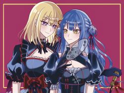 200bpmsoiya 2girls bang_dream! bang_dream!_it&#039;s_mygo!!!!! black_bow black_bowtie black_dress black_gloves blonde_hair blue_hair blunt_bangs bow bowtie braid breasts cleavage cleavage_cutout clothing_cutout collar collarbone collared_dress commentary crossed_bangs double_bun dress frilled_collar frilled_dress frilled_gloves frilled_sleeves frills gloves grey_bow hair_between_eyes hair_bow hair_bun hair_ribbon hand_fan high_collar highres holding holding_fan holding_scepter idol long_hair looking_at_another medium_hair misumi_uika multiple_girls outside_border pink_background pink_bow puffy_short_sleeves puffy_sleeves red_bow red_brooch red_ribbon ribbon scepter short_sleeves side_braids togawa_sakiko tuanshan twin_braids upper_body very_long_hair waist_bow wavy_hair