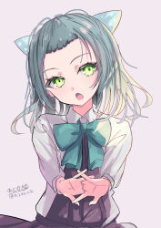 1girl absurdres bow dress forehead green_eyes green_hair hair_ribbon highres hizaka jacket kantai_collection looking_at_viewer medium_hair open_mouth purple_dress ribbon solo suzunami_(kancolle) twitter_username