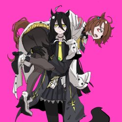 Rule 34 | absurdres, agnes tachyon (umamusume), ahoge, animal ears, belt, black belt, black choker, black necktie, black pantyhose, black shirt, black skirt, carrying over shoulder, choker, closed mouth, coat, collared shirt, ear ornament, earrings, english text, frilled skirt, frills, grey hair, hair between eyes, high heels, highres, horse ears, horse girl, horse tail, jewelry, lab coat, long hair, long hair between eyes, long sleeves, looking at another, manhattan cafe (umamusume), multicolored hair, necktie, open mouth, pantyhose, pink background, pleated skirt, red eyes, shirt, shoes, short hair, short necktie, simple background, single earring, skirt, sleeves past fingers, sleeves past wrists, soryu (pixiv 107640060), sweater, tail, umamusume, very long hair, white coat, white shoes, yellow eyes, yellow necktie, yellow sweater
