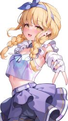 1girl armpits belt blonde_hair braid breasts cleavage cowboy_shot crop_top crop_top_overhang detached_collar detached_sleeves fingerless_gloves frilled_shirt frills fujita_kotone gakuen_idolmaster gloves hair_ribbon highres idolmaster iridescent long_hair looking_at_viewer midriff nail_polish open_mouth outstretched_arm pinki_o64 purple_skirt ribbon shirt shorts shorts_under_skirt simple_background skirt sleeveless sleeveless_shirt small_breasts smile solo twin_braids twintails v white_background yellow_eyes