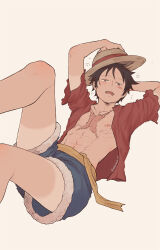 Rule 34 | 1boy, abs, black hair, blue shorts, cowboy shot, cross scar, dizzy, facial scar, hat, highres, male focus, moko (gloriaaaaaa), monkey d. luffy, nipples, one piece, open mouth, red shirt, sash, scar, scar on cheek, scar on face, shirt, short hair, shorts, signature, simple background, solo, squeans, straw hat, tan, tanline peek, teeth, white background, yellow sash