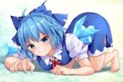 1girl absurdres ahoge all_fours angry barefoot blue_bow blue_dress blue_eyes blue_hair blush bow cirno clenched_teeth collared_shirt commentary_request defeat dress fairy fang full_body hair_bow highres huge_bow ice ice_wings looking_at_viewer puffy_short_sleeves puffy_sleeves red_bow shirt short_hair short_sleeves simple_background sleeveless sleeveless_dress solo suigetsu_(watermoon-910) tears teeth toes top-down_bottom-up torn_bow torn_clothes torn_dress torn_shirt torn_wings touhou tsurime v-shaped_eyebrows white_shirt wings