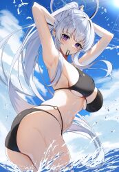 1girl armpits ass bikini black_bikini blue_archive blue_halo blue_sky breasts cloud commentary_request day from_below from_side hair_tie_in_mouth halo highres jassie26667765 large_breasts long_hair looking_at_viewer looking_down looking_to_the_side mechanical_halo mouth_hold navel noa_(blue_archive) outdoors partially_submerged ponytail purple_eyes sky solo swimsuit tying_hair water water_drop white_hair