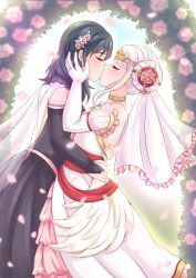 2girls absurdres arch black_dress black_vs_white black_wedding_dress blue_hair blush bridal_gauntlets bridal_veil bride female_byleth_(fire_emblem) choker closed_eyes commentary diadem dress edelgard_von_hresvelg elbow_gloves english_commentary female_focus fire_emblem fire_emblem:_three_houses floral_arch flower gloves hair_flower hair_ornament hair_rings hand_on_another&#039;s_face highres hug jewelry kiss lewdlilies medium_hair multiple_girls nintendo outdoors petals ring veil wedding wedding_band wedding_dress white_dress white_gloves white_hair wife_and_wife yuri
