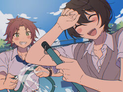 2boys :d ^_^ arm_up behind_another bishounen black_hair blue_necktie blue_sky blush chain-link_fence chromatic_aberration closed_eyes cloud collared_shirt curtained_hair day dot_nose ensemble_stars! facing_ahead fang fence friends green_eyes grey_sweater_vest grin hair_between_eyes hand_up hands_up happy highres holding holding_hose hose isara_mao looking_at_another male_focus middle_part multiple_boys necktie niyororinpayamaru no_jacket open_mouth outdoors red_hair sakuma_ritsu school_uniform shading_eyes shirt short_hair short_sleeves sky smile spraying summer summer_uniform sweater_vest teeth upper_teeth_only water_drop wet wing_collar yumenosaki_school_uniform