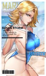 1girl absurdres arialla_draws ass blonde_hair blue_eyes breasts cover earrings fake_cover fantastic_four highres jewelry large_breasts lips long_hair looking_at_viewer magazine_cover marvel marvel_rivals one-piece_swimsuit sideboob smile solo sue_storm swimsuit thick_thighs thighs