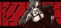 1girl absurdres angelia_(girls&#039;_frontline) black_border black_hair black_jacket black_necktie border breasts chest_harness cigarette_holder closed_mouth commentary emile_aoi english_commentary girls&#039;_frontline gun harness highres holding holding_gun holding_weapon jacket long_hair long_sleeves looking_at_viewer medium_breasts mouth_hold necktie open_clothes open_jacket ponytail red_background shirt simple_background solo sunglasses upper_body weapon white_shirt
