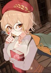 1girl alternate_breast_size artist_request blush book bookshelf breasts brown_eyes brown_hair cape clio_aite clio_aite_(clio_2.0) closed_mouth collarbone glasses green_cape hat highres holding holding_book laurels long_sleeves phase_connect red_hat round_eyewear shirt short_hair solo sweat virtual_youtuber white_shirt