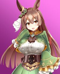 1girl animal_ears black_corset blush braid breasts brown_hair commentary_request corset dress ear_ornament frilled_dress frills green_dress hair_between_eyes half_up_braid honda_takaharu horse_ears horse_girl horse_tail large_breasts long_hair long_sleeves looking_at_viewer multicolored_hair open_mouth pink_background satono_diamond_(umamusume) simple_background sleeves_past_fingers sleeves_past_wrists smile solo streaked_hair tail umamusume very_long_hair very_long_sleeves white_hair yellow_eyes