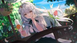 1girl absurdres ahoge arisuke_(natuyan) bird blue_sky brown_eyes bug butterfly commission cup dress flower food fruit hair_flower hair_ornament hand_up head_rest highres indie_virtual_youtuber insect long_hair looking_at_viewer orange_(fruit) orange_slice outdoors sitting skeb_commission sky smile sofieru solo table white_dress white_hair