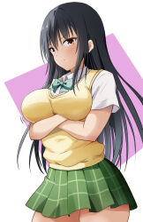 1girl arms_under_breasts black_hair bow bowtie breasts brown_eyes closed_mouth collared_shirt commentary_request cowboy_shot crossed_arms green_bow green_bowtie green_skirt kotegawa_yui large_breasts long_hair looking_at_viewer pink_background plaid_clothes plaid_skirt pleated_skirt sainan_high_school_uniform school_uniform shirt short_sleeves skirt solo standing summer_uniform sweater_vest to_love-ru todorokikangok two-tone_background white_background white_shirt yellow_sweater_vest