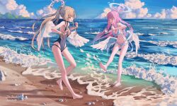 Rule 34 | 2girls, absurdres, bare arms, bare legs, bare shoulders, barefoot, beach, bikini, black one-piece swimsuit, blonde hair, blue archive, blush, breasts, cleavage, cleavage cutout, closed mouth, clothing cutout, feathered wings, grin, halo, highleg, highleg one-piece swimsuit, highres, jojeshi, large breasts, looking at another, mika (blue archive), mika (swimsuit) (blue archive), multiple girls, nagisa (blue archive), nagisa (swimsuit) (blue archive), navel, ocean, official alternate costume, official alternate hairstyle, one-piece swimsuit, open mouth, pink hair, pink halo, ponytail, smile, stomach, swimsuit, white bikini, white wings, wings
