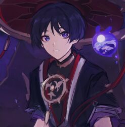 1boy arms_at_sides black_bodysuit black_hair black_kimono black_sleeves blunt_ends bodysuit bright_pupils creature eyeliner eyeshadow genshin_impact gold grey_veil hat highres japanese_clothes jewelry jingasa juban kimono layered_sleeves looking_at_viewer makeup male_focus mitsudomoe_(shape) neck_ring open_mouth purple_eyes purple_sleeves red_eyeliner red_eyeshadow red_hat red_kimono scaramouche_(genshin_impact) see-through_clothes see-through_veil sgm618 short_sleeves sketch solo tomoe_(symbol) twitter_username upper_body veil white_kimono white_mouth white_pupils wide-eyed wispy_bangs